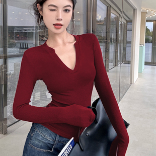 v领长袖正肩T恤女秋季修身紧身打底衫半开领辣妹纯棉显瘦内搭上衣