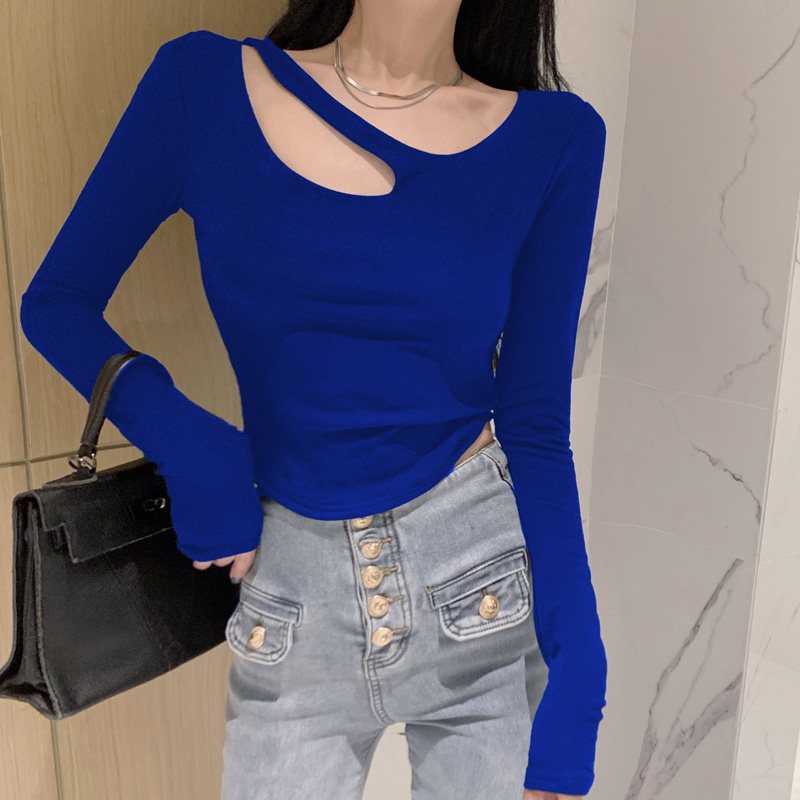 长袖百搭不规则缕空纯棉女漏锁骨