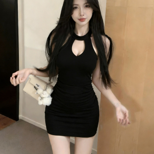 性感挂脖背心连衣裙女修身 紧身包臀裙辣妹风显瘦短裙子棉 收腰无袖
