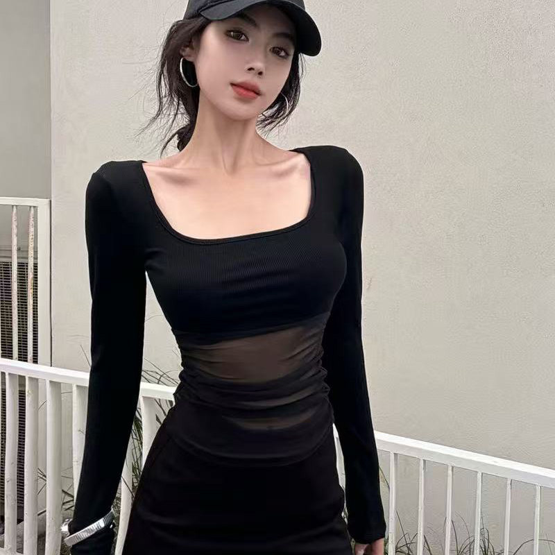 2026新款辣妹风方领长袖T恤女修身纯欲网纱拼接棉设计感别致上衣,女装/女士精品,T恤,淘宝优惠券,粉丝福利购,淘宝优惠卷