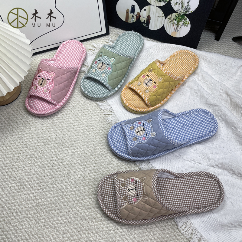 卡皮巴拉纯棉布情侣拖鞋防滑加厚家居三层卡通室内静音男女地板拖