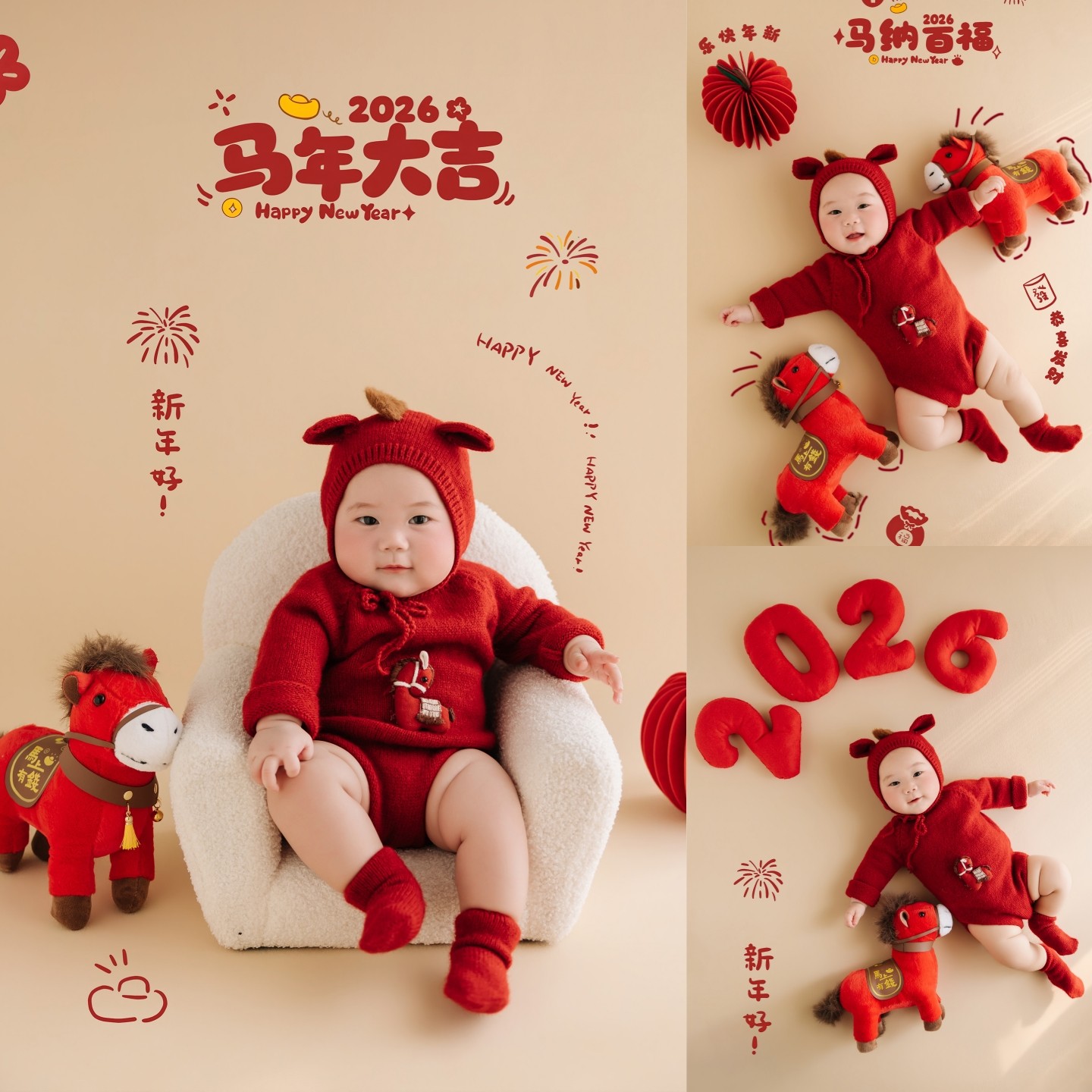 2026马年摄影服装新年拍照道具红马百天周岁宝宝婴儿摄影服在家拍