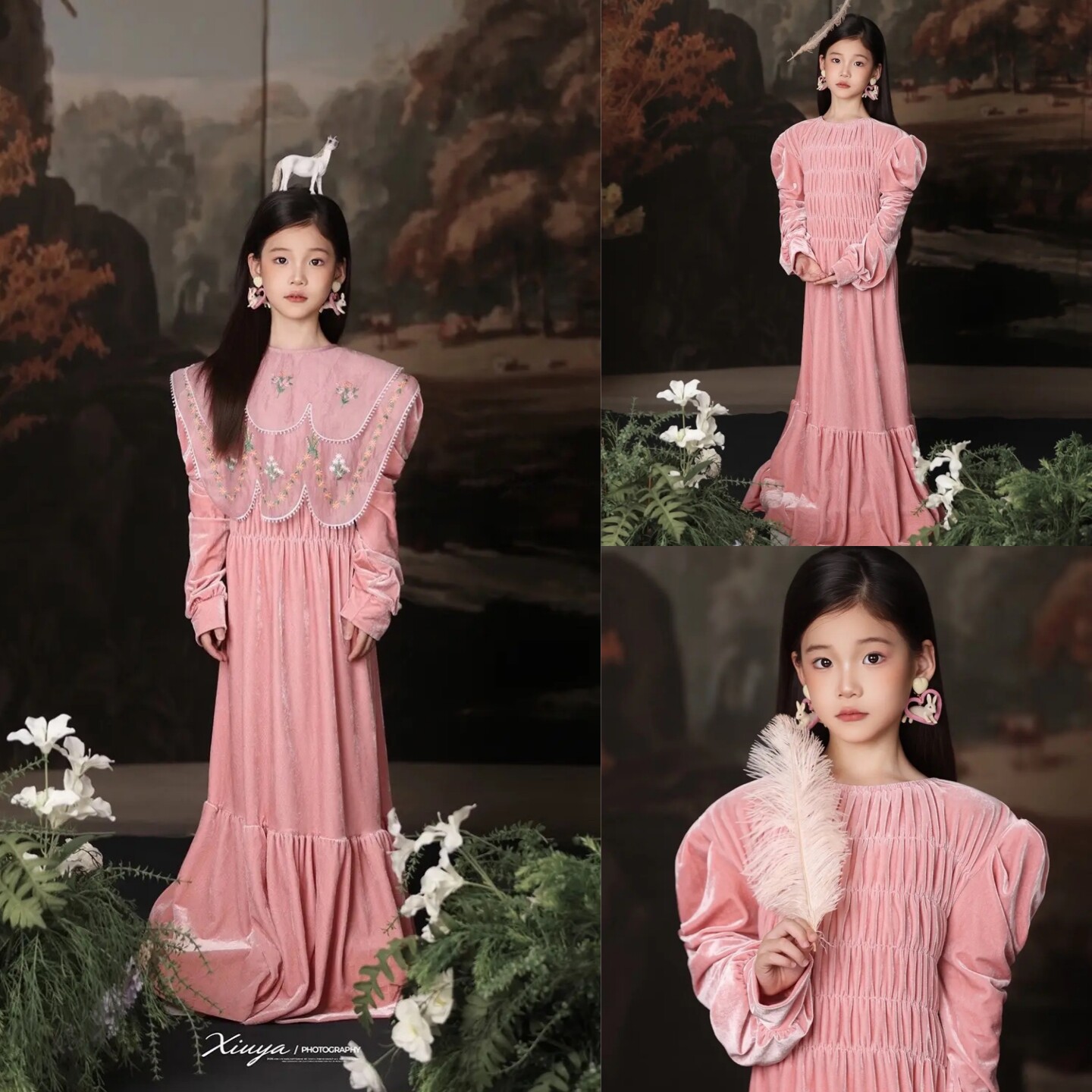 儿童摄影肖像高级感清冷风油画千金主题女童生日写真粉丝绒连衣裙图片