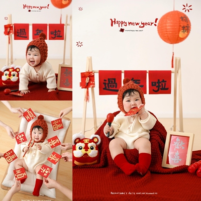 儿童摄影主题服装红色毛线针织新年主题宝宝百天照周岁照拍照道具