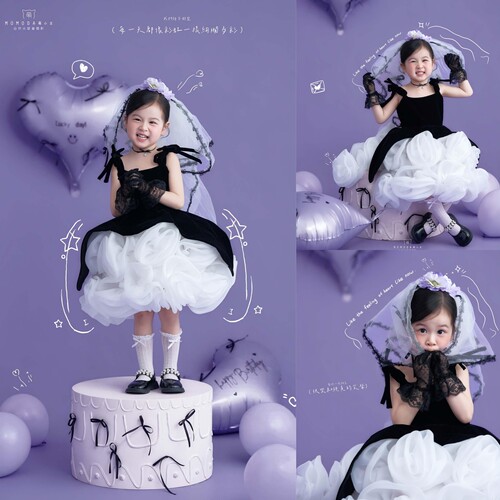 女童生日派对礼服黑白紫