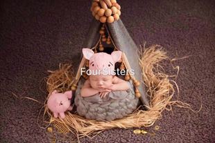新款 婴儿百天摄影服饰儿童小猪帽子玩偶组合 小猪宝宝满月拍照服装