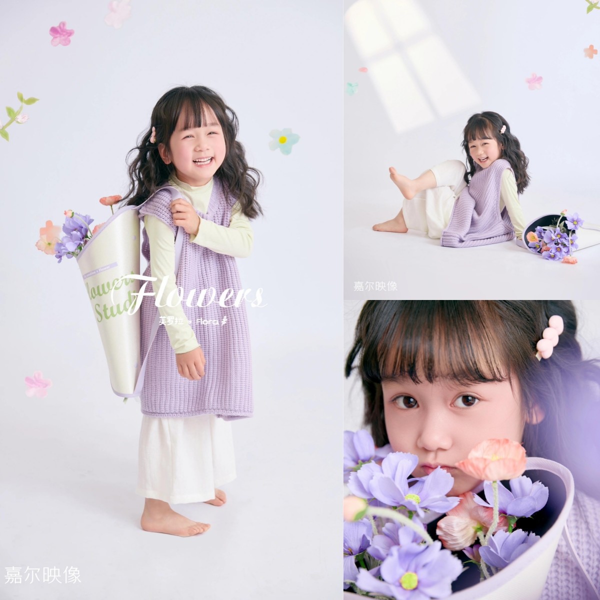 新款儿童摄影服装春天紫色毛衣女孩艺术照拍摄服装影楼写真手捧花