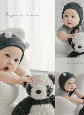 儿童摄影主题服装灰色系小熊猫男宝宝百天照周岁照拍照服装道具