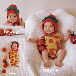 小红书款宝宝拍照服装小苹果帽子主题影楼婴儿百天照周岁照道具