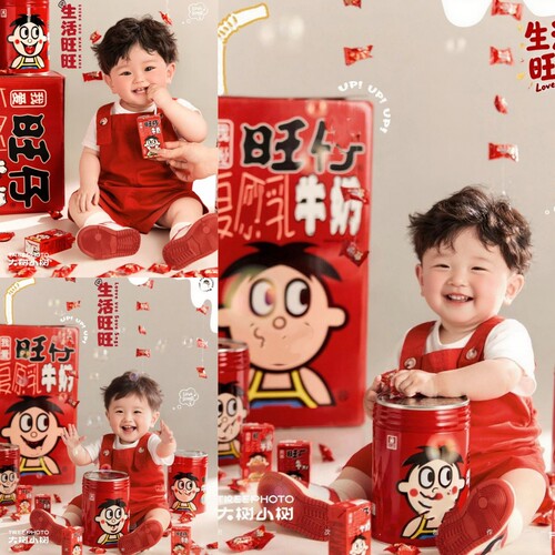 儿童摄影服装旺旺牛奶糖主题影楼百天照宝宝周岁照拍照主题道具