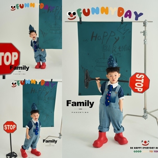 儿童摄影服装新款男孩生日照牛仔套装影楼宝宝拍照服装道具