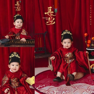 儿童摄影服装宝宝一周岁拍照抓周礼红色复古主题生日场景布置道具