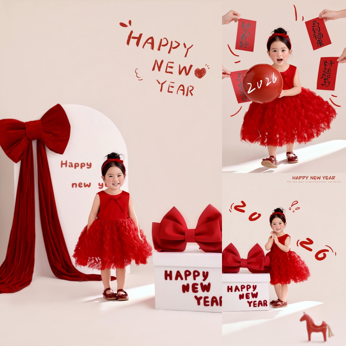 马年摄影服装新年主题红色蓬蓬裙