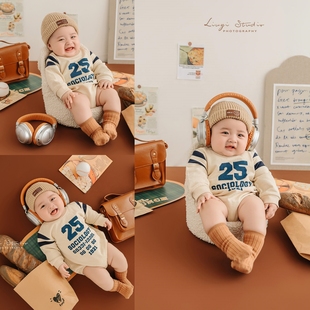 儿童摄影主题服装焦糖色棒球男孩宝宝百天照周岁照拍照服装道具