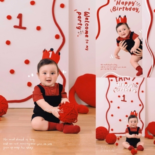 儿童摄影服装一岁生日红色场景宝宝周岁照拍照服装影楼写真艺术照