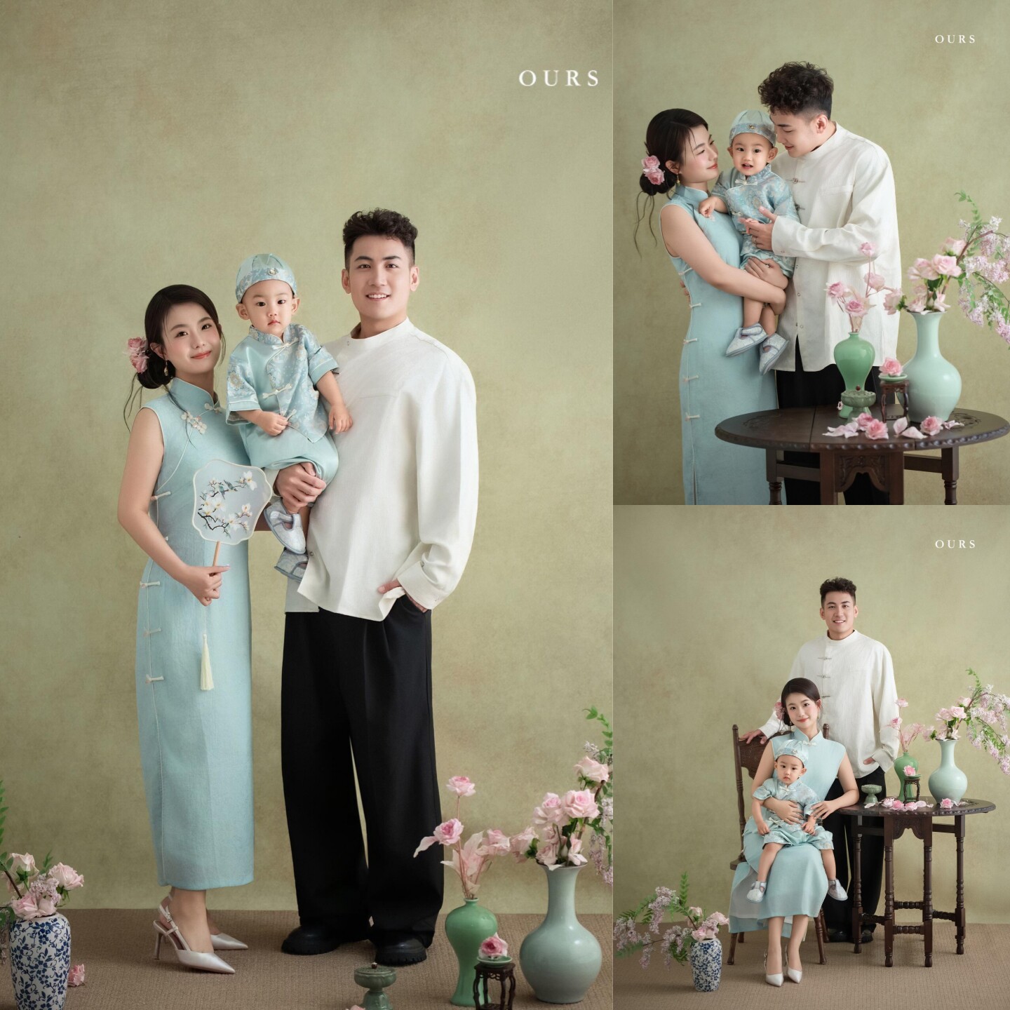 亲子摄影服装新中式国风旗袍一家三口全家福母子拍照服装影楼道具