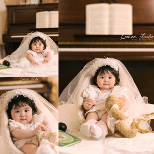 儿童摄影主题服装复古公主小婚纱白色头纱宝宝百天照周岁照拍照裙