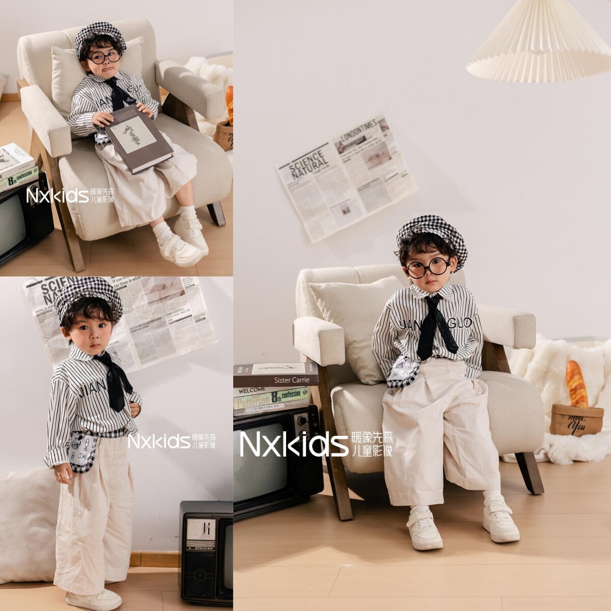 儿童摄影服装新款影楼韩版条纹杂志男孩艺术炸写真拍照服装道具