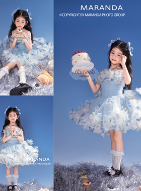 儿童摄影生日礼服蓝色立体花束蓬蓬裙女童超仙小个子生日宴会礼服