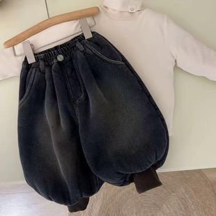 2025男童新款秋冬季加绒牛仔裤儿童宽松休闲裤子束脚裤中童灯笼裤