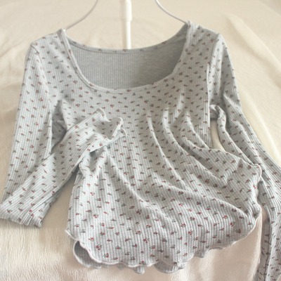 长袖小碎花常规木耳边莫代尔女