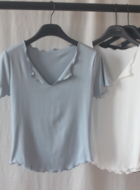 2025夏秋松弛感木耳边修身T恤V领莫代尔大码日常百搭上衣舞蹈练功