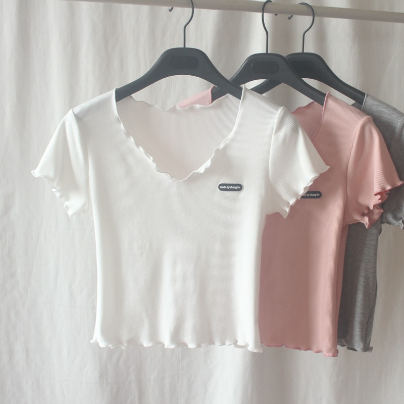 短袖松弛感木耳边短款甜辣T恤夏