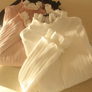 内搭胖子大码 保暖T恤纯棉女仙气蕾丝领冬季 加绒厚打底衫 高领长袖