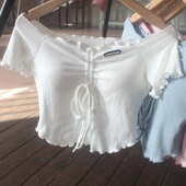 甜酷木耳边露肩T恤 莫代尔一字领超短紧身漏肚脐上衣 女2024夏新款