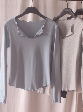 长袖V领木耳边松弛感修身T恤早秋针织纯棉外穿打底衫胖子大码内搭