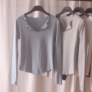 胖子大码 T恤早秋针织纯棉外穿打底衫 内搭 V领木耳边松弛感修身 长袖