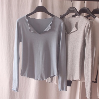 长袖休闲木耳边修身T恤打底衫女