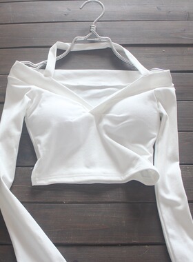 甜辣一字肩挂脖T恤 性感打底衫漏脐紧身短款针织纯棉胸垫长袖上衣