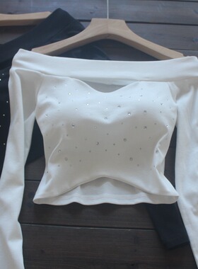 美式辣妹性感设计感一字领T恤女紧身露脐上衣烫钻修身显瘦高级感