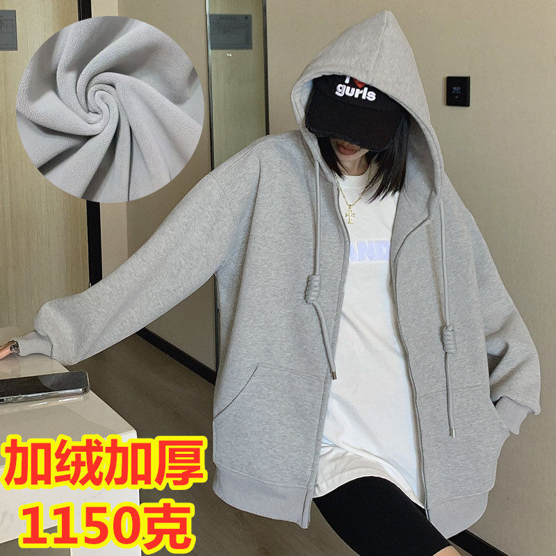 冬季加绒加厚连帽宽松拉链开衫女