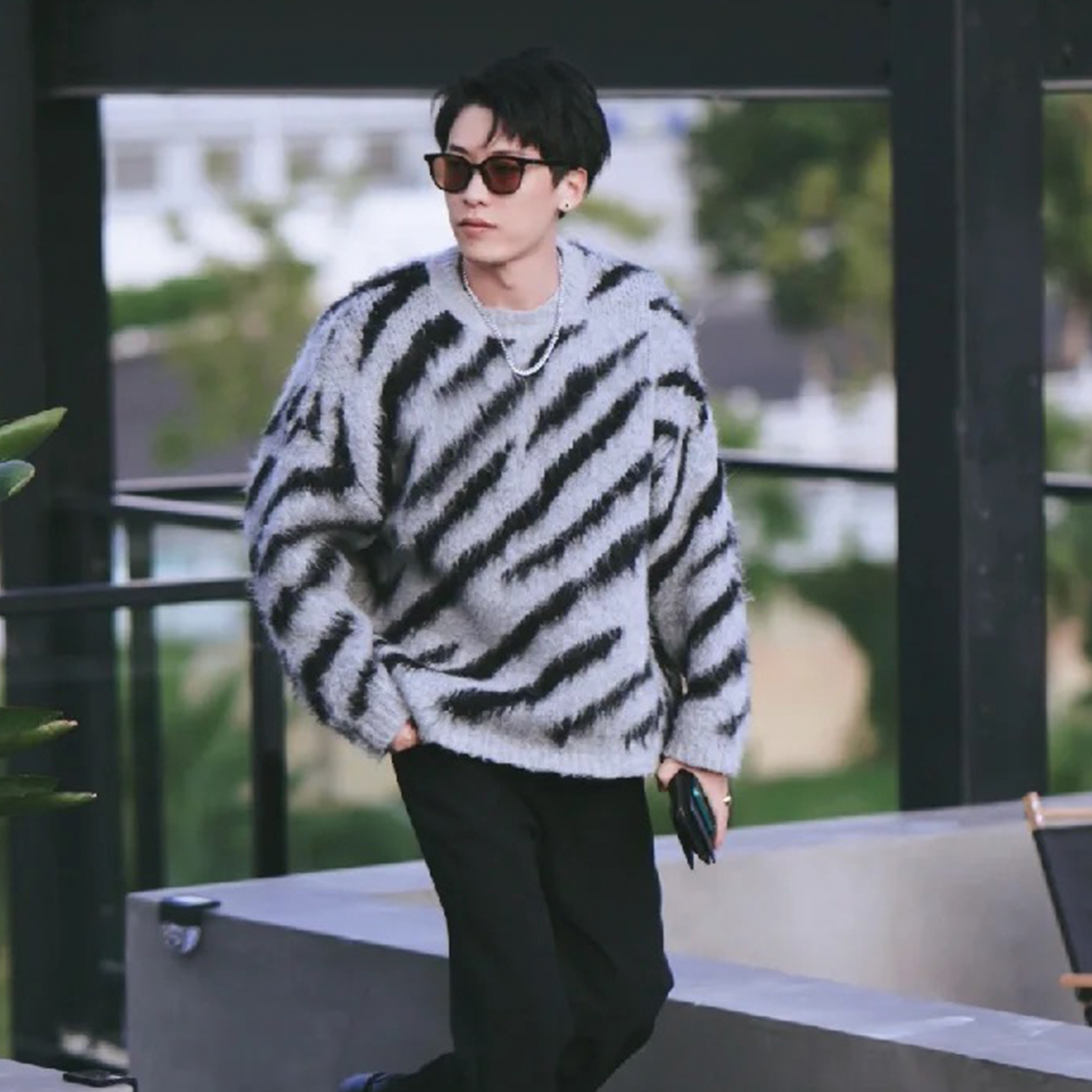 斑马图案青年羊绒衫男士圆领宽松