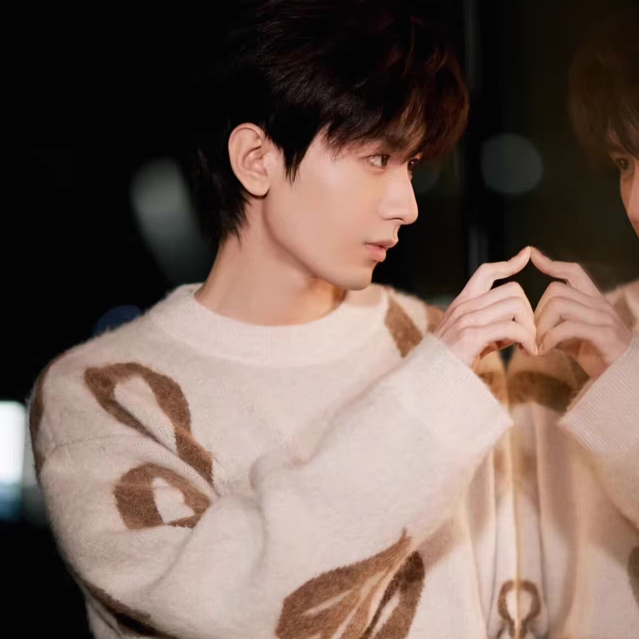 男士纯羊绒衫圆领加厚奶白色提花