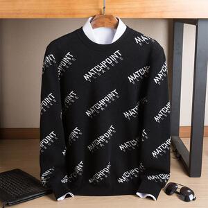 2025新款圆领加厚羊绒衫男100%纯山羊绒字母提花针织青年男士毛衣