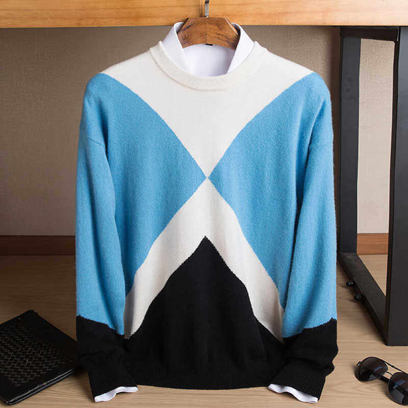 2025秋冬季新款挪威蓝100纯山羊绒衫男士圆领菱形图案针织毛衣男