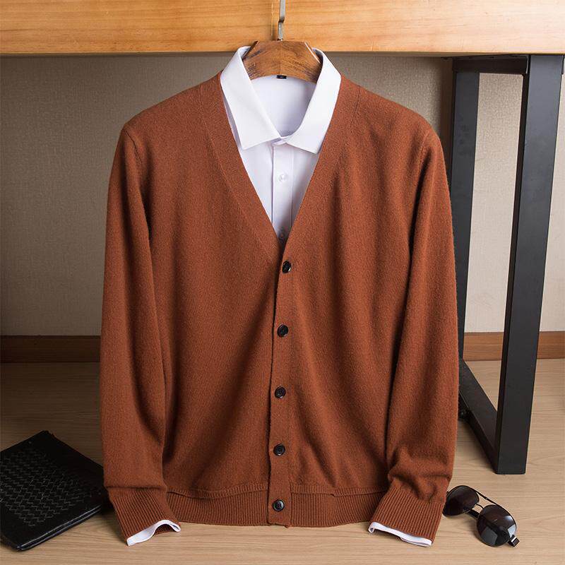 秋冬新款100纯山羊绒开衫男薄款V领纽扣鸡心领针织衫商务休闲外套