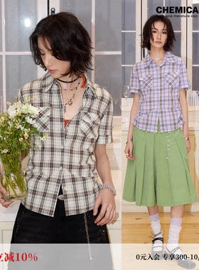 彩色复古格子掐褶收腰短袖衬衫女