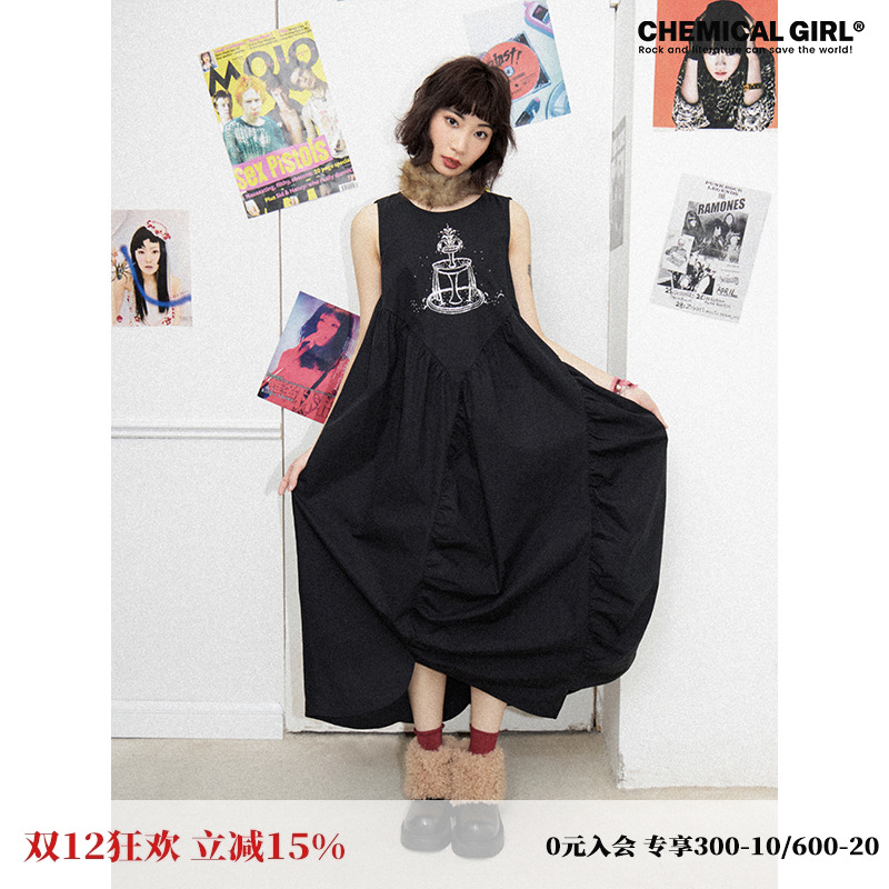 化学少女刺绣不规则长款连衣裙