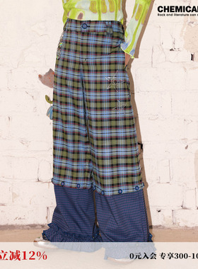 化学少女 H1「蓝色星星糖」鬼马拼接格子裤直筒裤长款休闲裤女