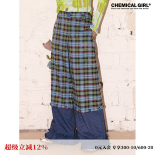 化学少女 H1「蓝色星星糖」鬼马拼接格子裤直筒裤长款休闲裤女