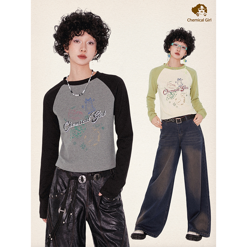 化学少女舒适收腰插肩袖印花长袖