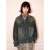 线下同款 化学少女「失落魔法」大落肩宽松绿色植绒牛仔外套