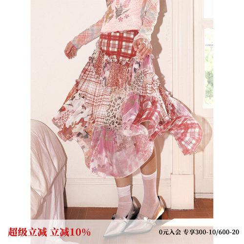 拼接格子印花休闲半裙女