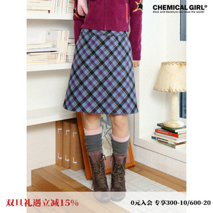 化学少女「暗夜序曲」羊毛呢紫黑色格子高腰包臀 字半身短裙女