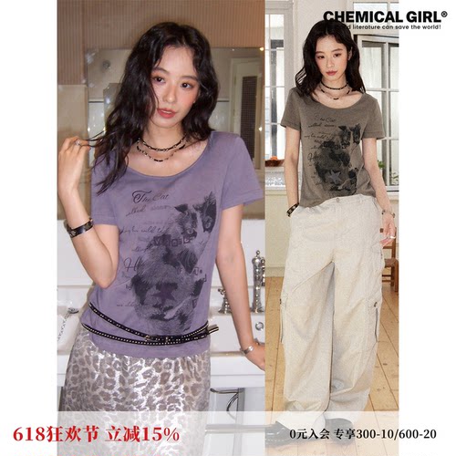 复古风猫咪印花修身短袖T恤女夏