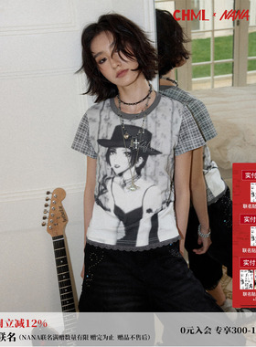 化学少女×NANA联名 复古人像拼接格纹水钻短袖T恤女蕾丝花边上衣